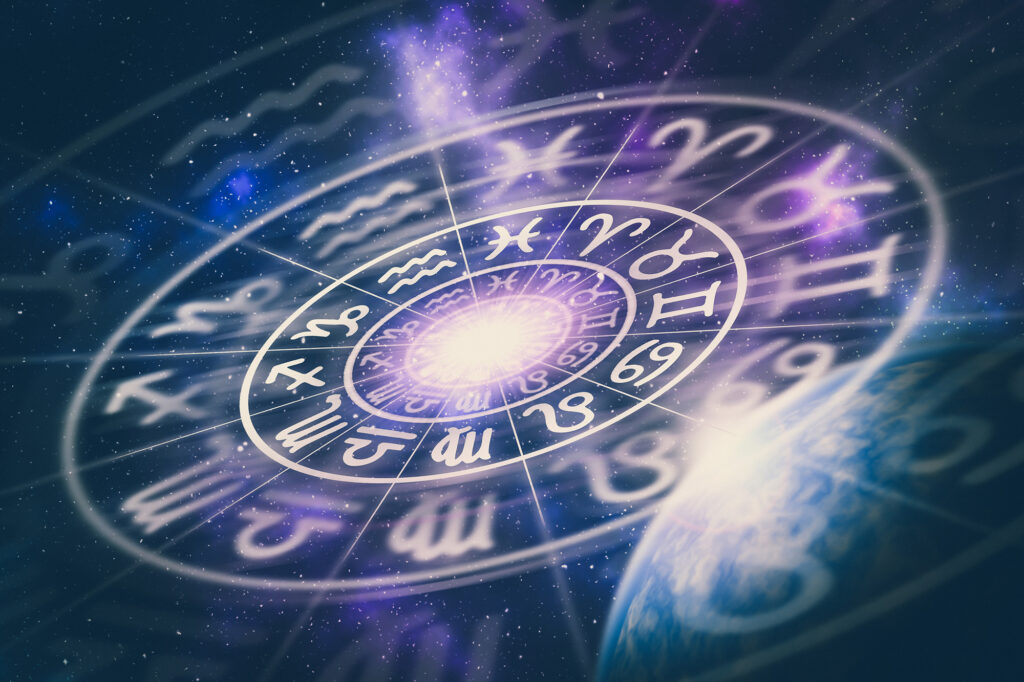 Astrological zodiac signs inside of horoscope circle